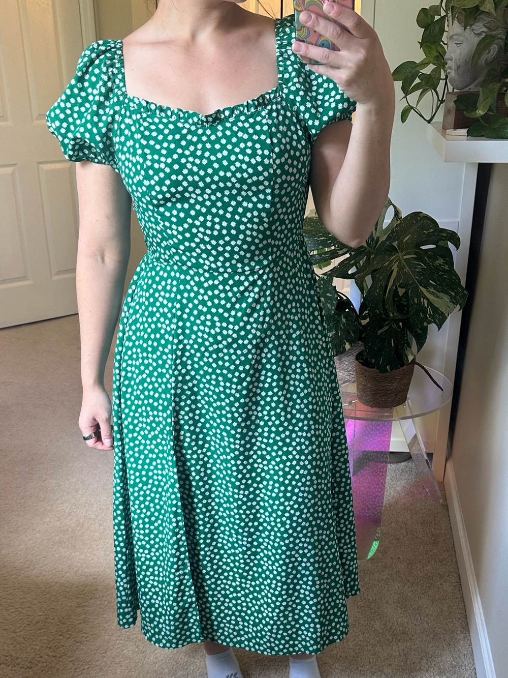 Green Floral Puff Sleeve Midi Dress